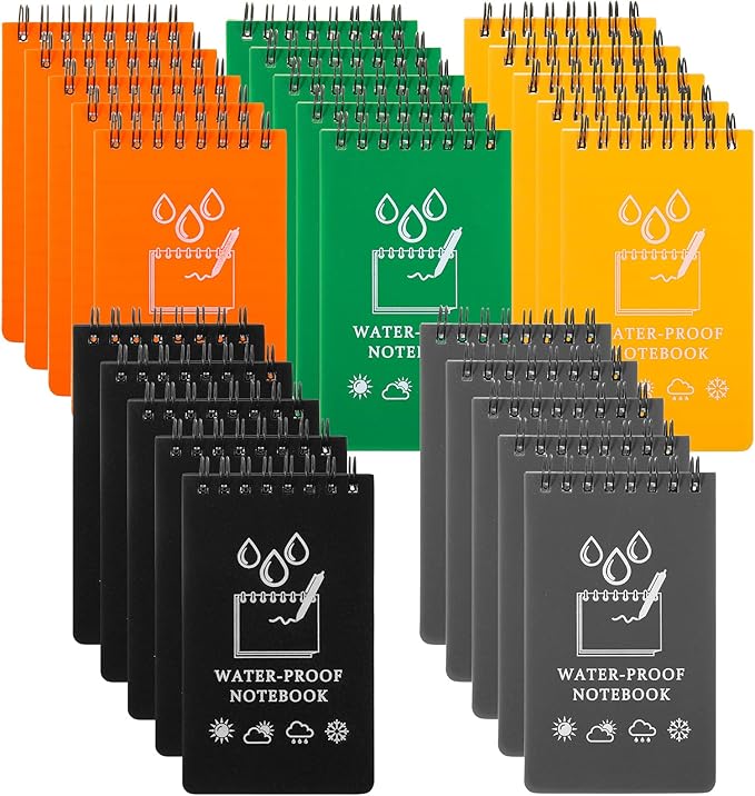 50 Pcs Waterproof Notebook Bulk, 5 x 3 Inch Pocket Notepad Top Spiral Memo All Weather Police Notebook Tactical Journal Writing Note Pad for Outdoor Activities Recording, Black Gray Blue Yellow Orange