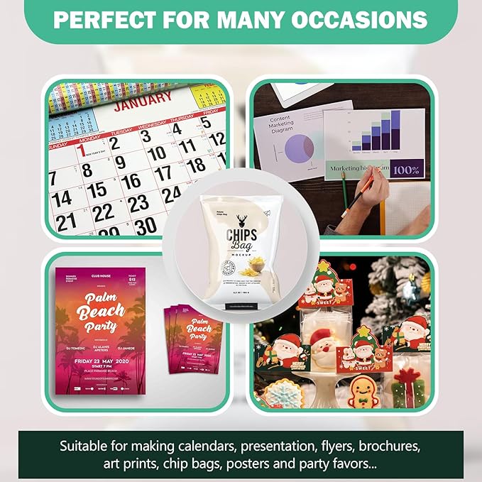 36lb Glossy Photo Paper, 8.5x14, Legal Size, Thin Glossy Photo Paper for Chip Bags, Inkjet, 100 Pack