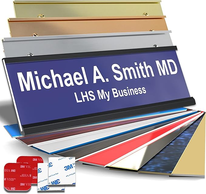 Personalized Name Plate with Choice of Mounting Holders for Walls, Doors, Cubicles, Hanging and More - Custom Purple Plastic White Letters - USA Made 2x6 - B13