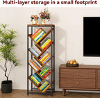 IBUYKE 9 Tier Tree Bookshelf, Floor Standing Wood Bookshelf for Narrow Space, Storage Organizer Bookcase for Books/CDs/Movies, Small Corner Bookcase for Bedroom Living Room,Rustic Brown,TBC002H