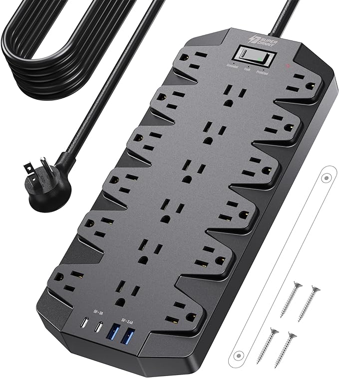 18 Widely Outlets Power Strip, SUPERDANNY Surge Protector with 4 USB Ports, 15FT Flat Plug Heavy Duty Extension Cord, 2100J, 1875W/15A, Wall Mount Holes for Home, Office, Dorm, Black