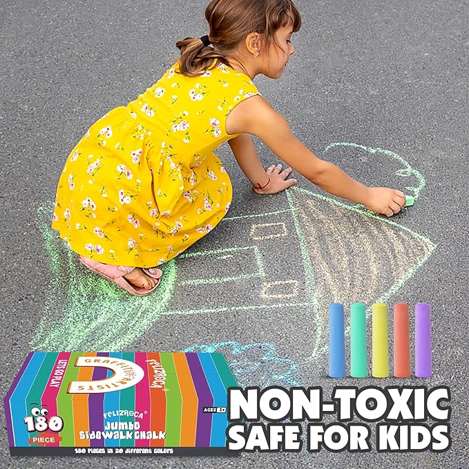 180PCS Sidewalk Chalks Set in 20 Colors, Non-Toxic, Washable Jumbo Outdoor Chalk for Kids, Pavement Chalk