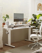 FEZIBO 60 x 24 Inch Height Adjustable Electric Standing Desk with Double Drawer, Stand up Home Office Computer Desk with 4 Height-Adjustable Feets & 2 Hooks, White