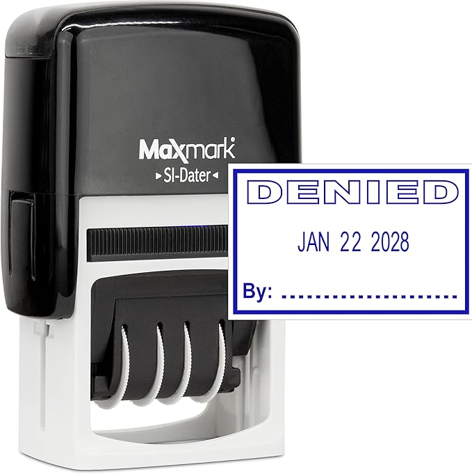 MaxMark Office Self Inking Date Stamp with Phrase Denied - Blue Ink