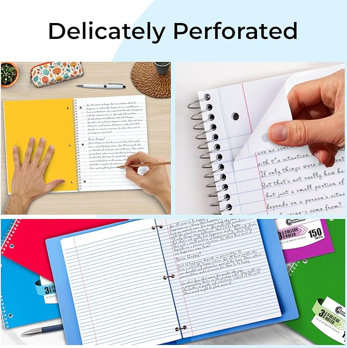 Rosmonde 3 Subject Notebook College Ruled, 12 Pack, 150 Sheets(300 Pages), No-Bleed Paper, 3 Hole Punched, 8x10-1/2, 3 Subject Spiral Notebook for School, Home & Office, Assorted Colors