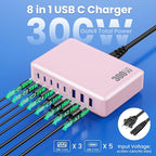 USB C Charger 300W USB C Charger Block, 8-Ports GaN IV Fast Charging Station Hub,PD 100W Laptop Charger Adapter,for MacBook Pro/Air/iPad/iPhone16/15/14/Apple Watch/DELL/Samsung for Home Office