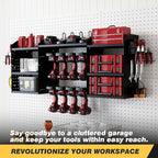 VDEVY Power Tool Organizer Wall Mount with Charging Station, Heavy-Duty Metal Garage Tool Storage Rack & 8 Outlet Power Strip, 51 Inch 3 Tier 8 Bin Shelves for Workshop Organization
