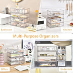 3 Pack Stackable Makeup Organizer, 12.1''L Acrylic Bathroom Organizer and Storage Undersink Drawer, Cosmetics and Beauty Supplies,Clear Plastic Storage Bins for Vanity,Pantry,Desk,Cabinet,Kitchen