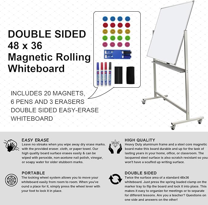 Max-officoo Mobile Whiteboard Magnet Dry Erase Board on Wheels Double-Sided Magnetic Portable Stand Whiteboard- 48"x36" Rolling White Boards with Easy Flip Feature