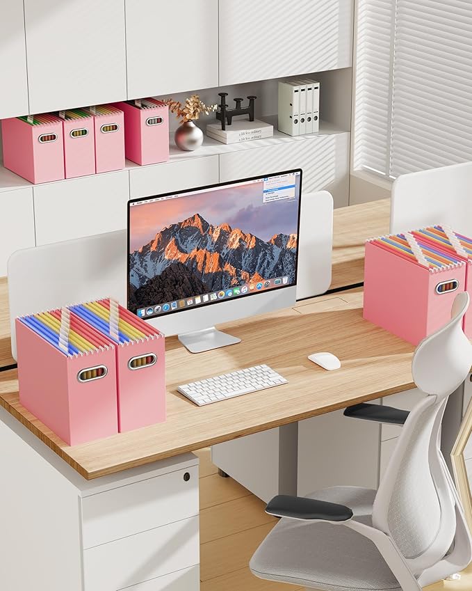 Oterri Cardboard File Organizer Box for Hanging File Folders Letter Size,File Box for Computer Desk,File Cabinet,Working Home,Office,Classroom (Pink, Letter Size - 6 Packs)