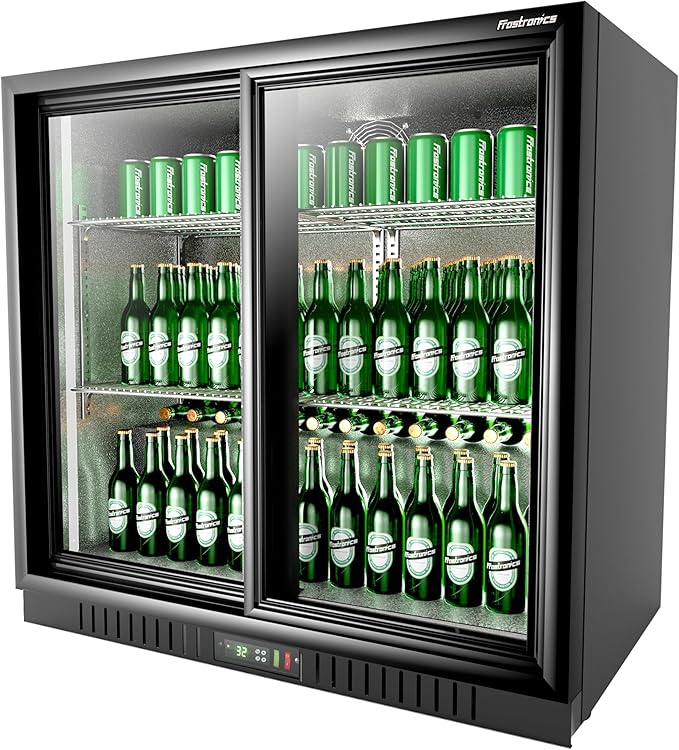 36 Inch 228 Cans Double Door Back Bar Beverage Cooler, 6.5 cu. ft. Under Counter Glass Bar Fridge With Sliding Door, Lockable, 32-50F Display Refrigerator, ETL & NSF7 Certified