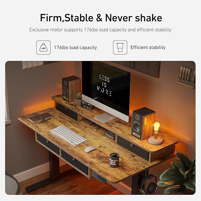 FEZIBO 60'' x 30'' Electric Standing Desk with 4 Storage Drawers, Adjustable Height Computer Table with Monitor Shelf, Stand Up Desk for Study, Gaming, Workstation, Rustic Brown Top