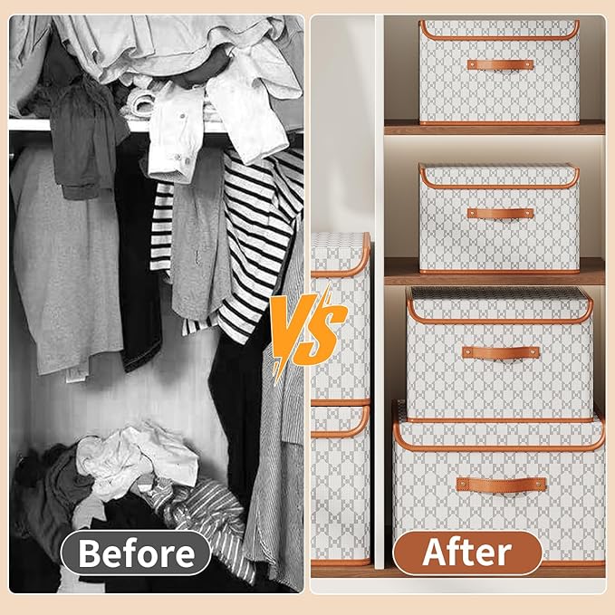 Tuza 4 Pack Fabric Storage Bins with Lids, Collapsible Closet Organizer Container, Decorative Storage Boxes with Lids for Organizing Clothes, Blanket, Grey & White, Extra Large