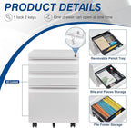 Fesbos 3 Drawer Mobile Metal File Cabinet, White Filling Cabinets with Lock, Pre-Built Office Storage File Cabinet with Wheels Under Desk - Assembled Required