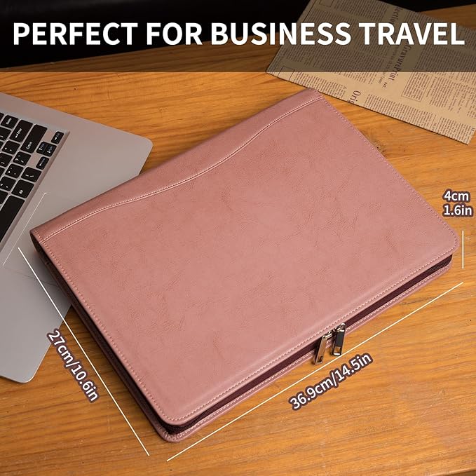 Geslun Personalized Vegan Leather Portfolio, Legal Size 8.5 x 14 Pad Holder, Custom Business Padfolio for Women, Zippered 14" Laptop Organizer, Professional Notepad Folio, Pink