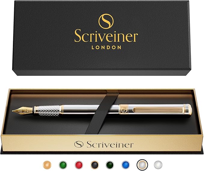 Scriveiner Silver Chrome Fountain Pen - Stunning Luxury Pen, Real Gold Finish, Schmidt Gilded Nib (Broad), Best Gift Set for Men & Women, Professional, Executive Office, Nice Designer Pens