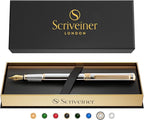 Scriveiner Silver Chrome Fountain Pen - Stunning Luxury Pen, Real Gold Finish, Schmidt Gilded Nib (Broad), Best Gift Set for Men & Women, Professional, Executive Office, Nice Designer Pens