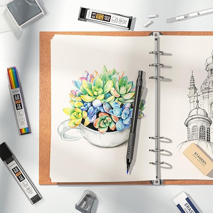 21PCS Metal Mechanical Pencil Set, Art Lead Pencil 0.3, 0.5, 0.7, 0.9, 2mm Holder(HB 2H 2B 4B Color) with 10 Tubes Graphite Lead Refills Eraser with Case for Drafting Drawing Sketching