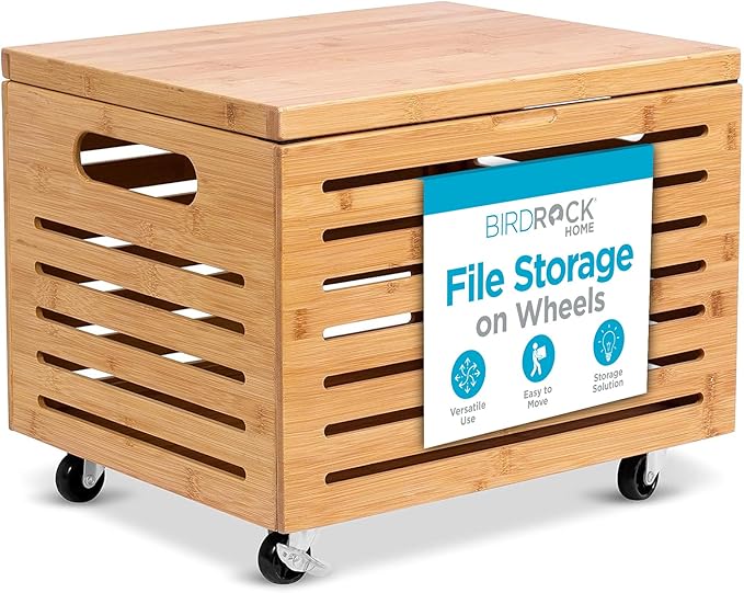 BIRDROCK HOME Rolling File Storage Organizer Box with Lid (New Version) - Bamboo Decorative Wood Hanging File Box for Letter/Legal Documents, Binders, Blankets - Durable Office Organizer - Natural