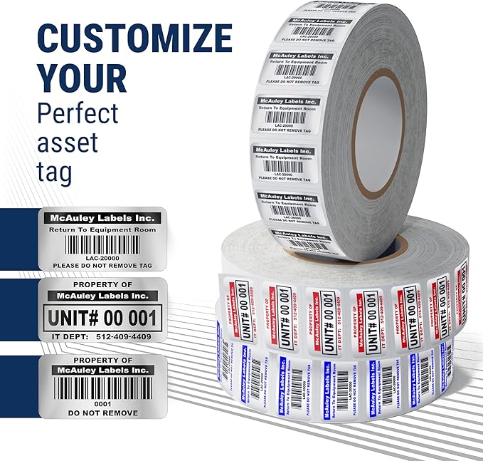 McAuley Labels Custom Asset Tags for Equipment - Numbered, Permanent - Heavy Duty Metalized Polyester, Stronger Adhesive - Barcode Label - 2x1
