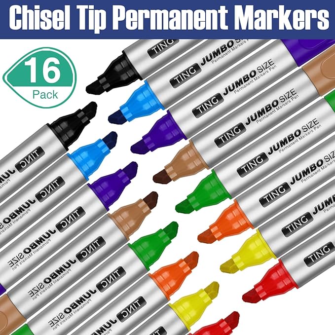 Fuutreo 16 Pcs Jumbo Size Permanent Markers Bulk Large Chisel Tip Permanent Markers Thick Waterproof Jumbo Pens Set Huge Poster Supplies(Rainbow)