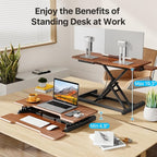JYLH JOYSEEKER Standing Desk Converter 32 inch, Height Adjustable Sit Stand Desk Riser, Quick Sit to Stand Tabletop Dual Monitor Riser Workstation for Home Office with Keyboard Tray, Dark Wood