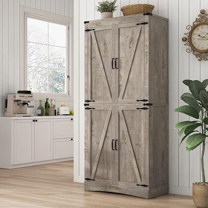 71in Farmhouse Kitchen Pantry Cabinet,Tall Storage Cabinet with 4 Doors and Adjustable shelves,with Load-Bearing Steel Pipe,Wood Storage Cabinets for Kitchen,Dining Room,Bathroom(Light Rustic Oak)