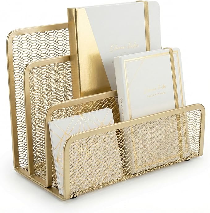BLU MONACO | Gold Metal Mesh Mail Sorter Organizer Countertop | Paper Sorter for Desk with Three Tiers | Letter Organizer and Outgoing Mail Holder