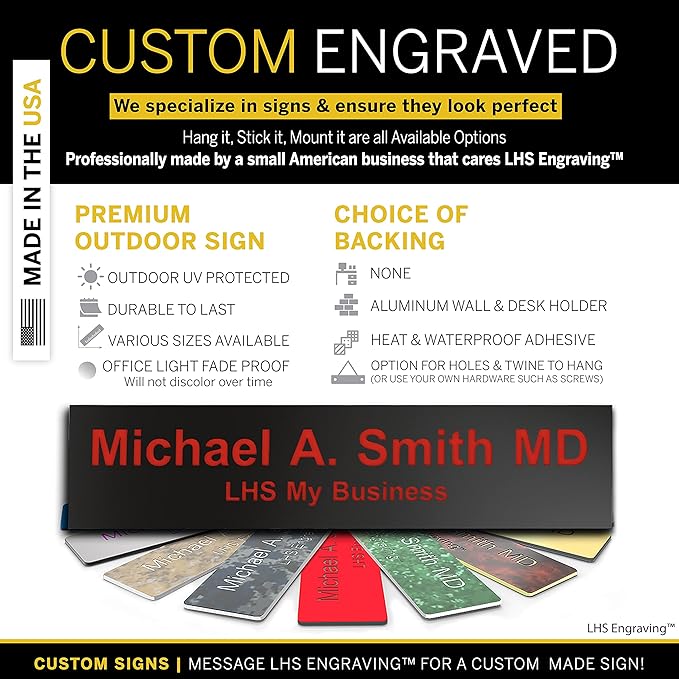 Engraved Name Plates for Door Sign Personalized Black Plastic Plaque with Red Letters - Made in USA 2x4 B19