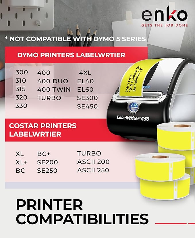 enKo [6 Rolls, 2100 Labels] Address, Shipping & Barcode Labels 30252 - Yellow (1-1/8" x 3-1/2") Compatible for Dymo LabelWriter & Rollo Printer