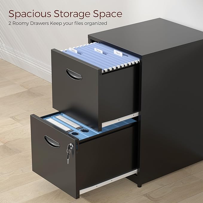 Kubohogar 2 Drawer File Cabinet with Lock,Black Metal Filing Cabinets,Vertical Locking File Cabinet Fit Hanging Files, Letter,File Box and A4 Documents (Black)