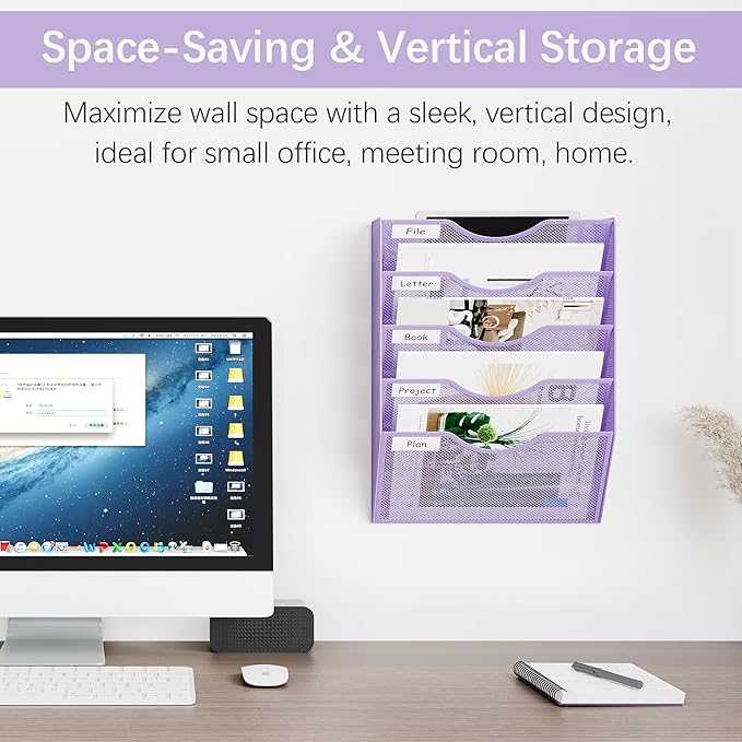 EasyPAG 5 Pocket Mesh Wall File Organizer, Hanging Paper Folder Holder with Classify Label, Vertical Wall Mount Mail Organizer for Office Home Classroom, Purple