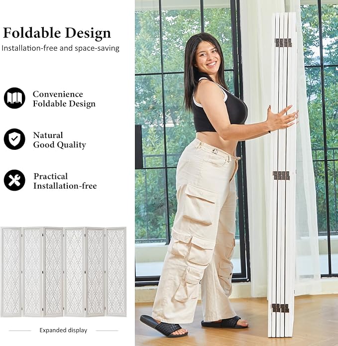 5.6Ft Room Divider Folding Wood Simple Carved Partition Screen for Home Office Garden - 6 Panels (White)