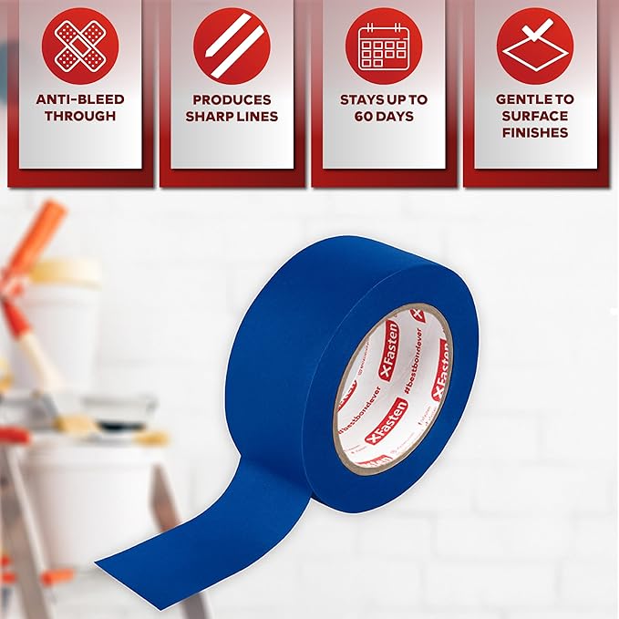 XFasten Professional Blue Painters Tape 2 Inch x 60 Yards (3-Pack) Bulk Blue Masking Tape for Painting Walls | Residue-Free