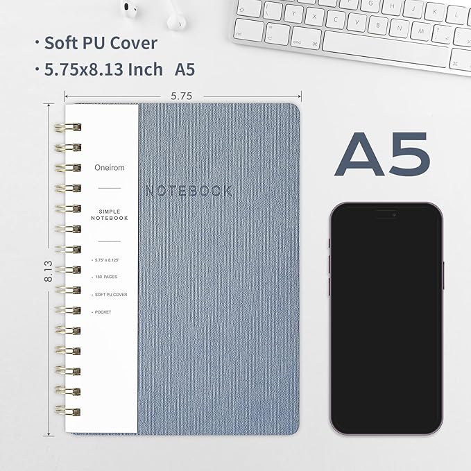 Spiral Notebook-5.75" x 8.125" College Ruled Journal with Inner Pockets and 160 Pages,PU Leather Cover Business Journal, Twin-Wire Binding Notebook Perfect for Office & Home School Supplies 3 pack Violet ReefBlue Grey