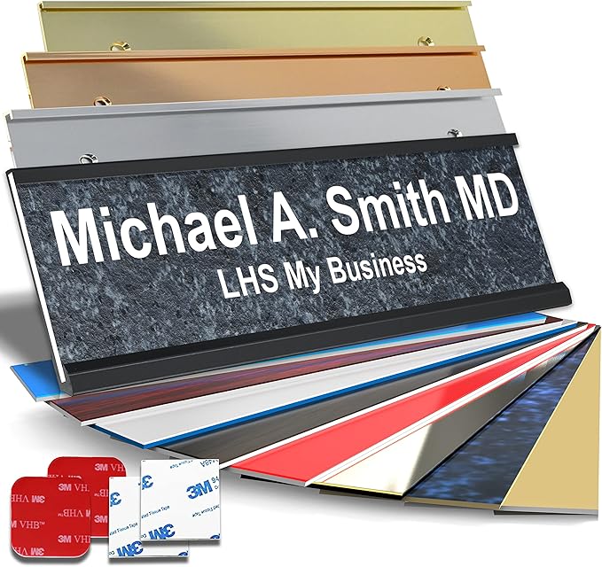 Personalized Name Plate with Choice of Mounting Holders for Walls, Doors, Cubicles, Hanging and More - Custom Mojave Black Plastic White Letters - USA Made 2x6 - N8