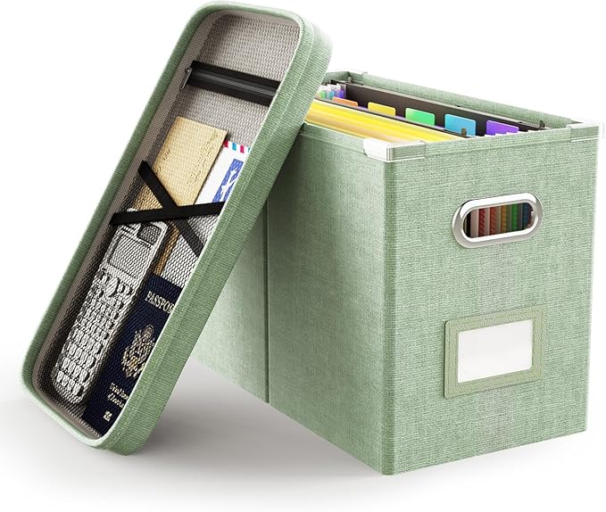 Oterri File Organizer Box with Lid, Hanging Filing File Box with Mesh Pocket, Document Organizer Box for Letter Files, Portable Storage Box(1 PCS, Green)