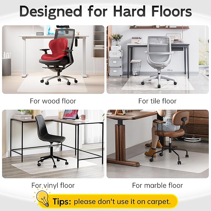 HOMEK Office Chair Mat for Hardwood Floor, 60" x 36" Clear Computer/Desk Chair Mat for Hard Floor, Thicker, Easy Glide, Non-Slip, Protects Hard Surfaces from Scratches, Ideal for Home or Office
