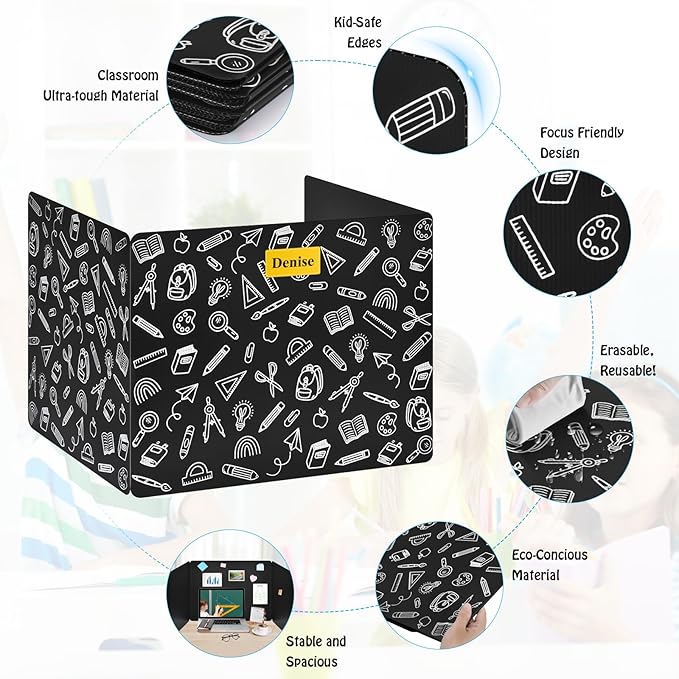24 Pack Black Printing Privacy Floders for Student Desks - Durable Plastic Erasable - Testing Dividers for Classroom - Easy Clean Privacy Shields for Student - Includes Extra Labels