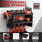 Power Tool Organizer Wall Mount with Charging Station, Heavy Duty 3 Layer Garage Tool Storage with 4 Cordless Drill Holder 8 Outlet Power Strip, Gift for Men Husband Dad Birthday Anniversary black