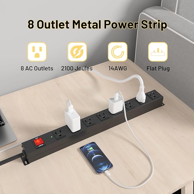 KF 8 Outlet Heavy Duty Power Strip Surge Protector, 2100J Surge Protection Metal Power Strip, 15A/1875W Mountable Power Strips with Upgraded Switch, 14AWG 6FT Extension Cord, Black