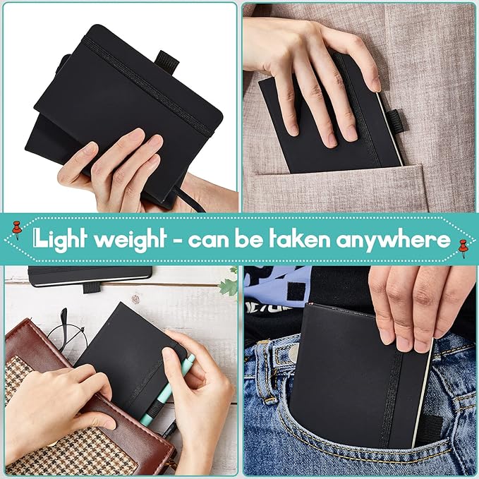 40 Pieces Small Notebooks A6 Pocket Journals 3.5 x 5.5 Inch Small Leather Notebook Mini Ruled Lined Journal with Elastic Band Pen Holder Page Marker Ribbons (Black)