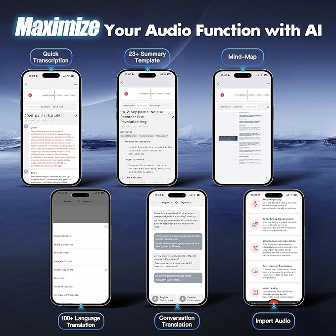 AI Voice Recorder,64GB Note Voice Recorder with Real-Time Transcribe & Summarize & Translation Powered by ChatGPT, Digital Recorder Translator Device with App Control for Lectures, Meetings, Calls