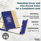 DISCOUNT PROMOS Custom Eco Friendly Spiral Notebooks with Pens Set of 50, Personalized Bulk Pack - Perfect for School, Office, Home - Blue