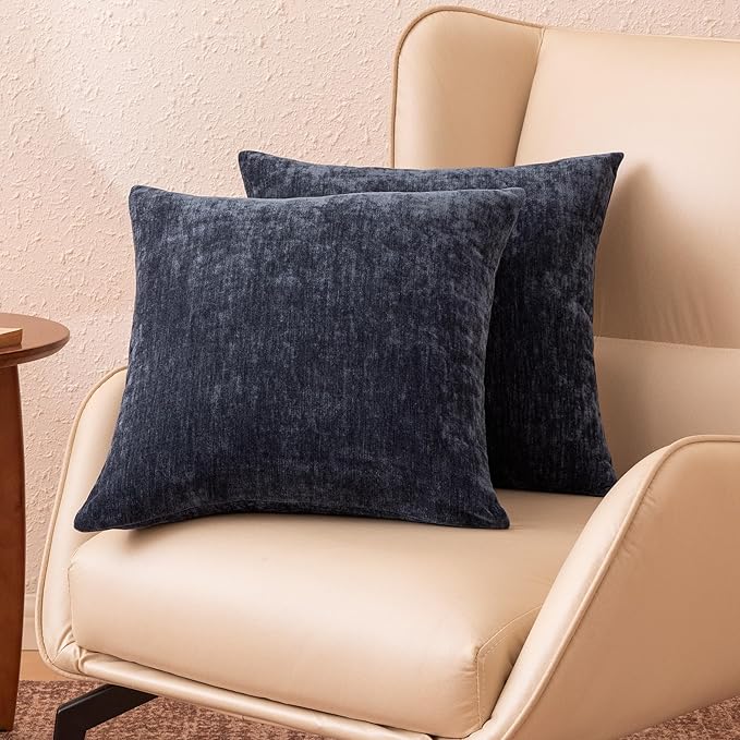 Amazon Basics Chenille Throw Pillow Covers, Home Decor Cushion Cover for Bedroom Living Room Couch Bed, 18" W × 18" L, Navy Blue