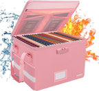 ENGPOW File Box with Lock, Fireproof Document Box with Zipper＆Pockets, Collapsible File Organizer Filing Storage Cabinet with Handle, Portable Home Office Safe for Hanging Letter/Legal Folder, Pink