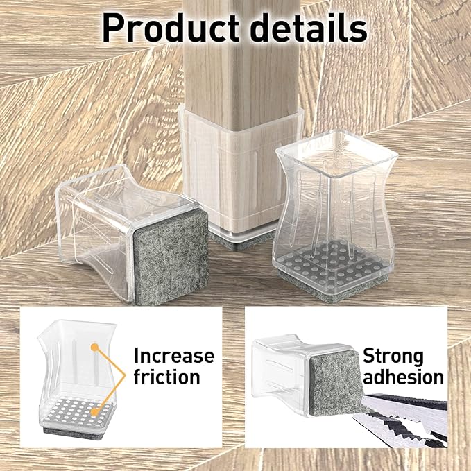 Clear Square Chair Leg Floor Protectors for Hardwood, Furniture Legs Caps, 16Pcs, Fit:2" - 2 1/4".