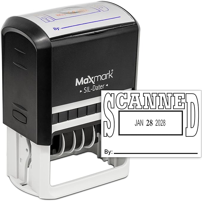 MaxMark Large Self-Inking Rubber Date Office Stamp with Scanned Phrase & Date - Black Ink, 12-Year Band - Style 5