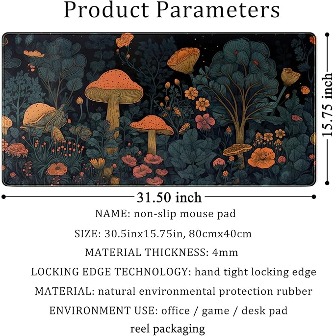 Mushroom Retro Mouse pad Desk Mat Dark Vintage Floral Forest Pad XXL, Aesthetic Botanical Desk Pad Office Desk Decor Accessories Mousepads for Laptop Computer Keyboard Mat 31.5x15.8 in