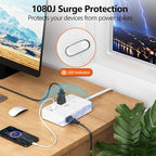Surge Protector Power Strip 5 FT Flat Extension Cord ，10 AC Outlets & 4 USB Ports(5V/3.4A 17W), 1080J ，Wall Mountable Desktop Charging Station with Flat Plug for Office Supplies and Home, White
